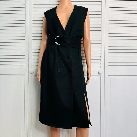 CAROLINA HERRERA Belted Twill Black Midi Dress Size 10 - Picture 1 of 8